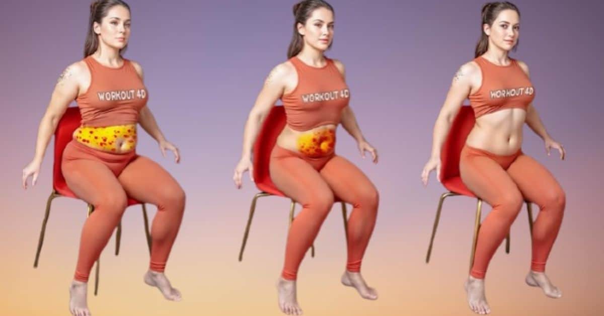 Woman performing seated chair yoga abdominal exercise for flexibility and core strength.